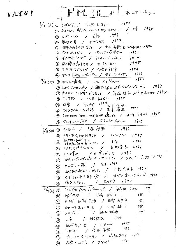 ☆FM38　オンエアリスト☆